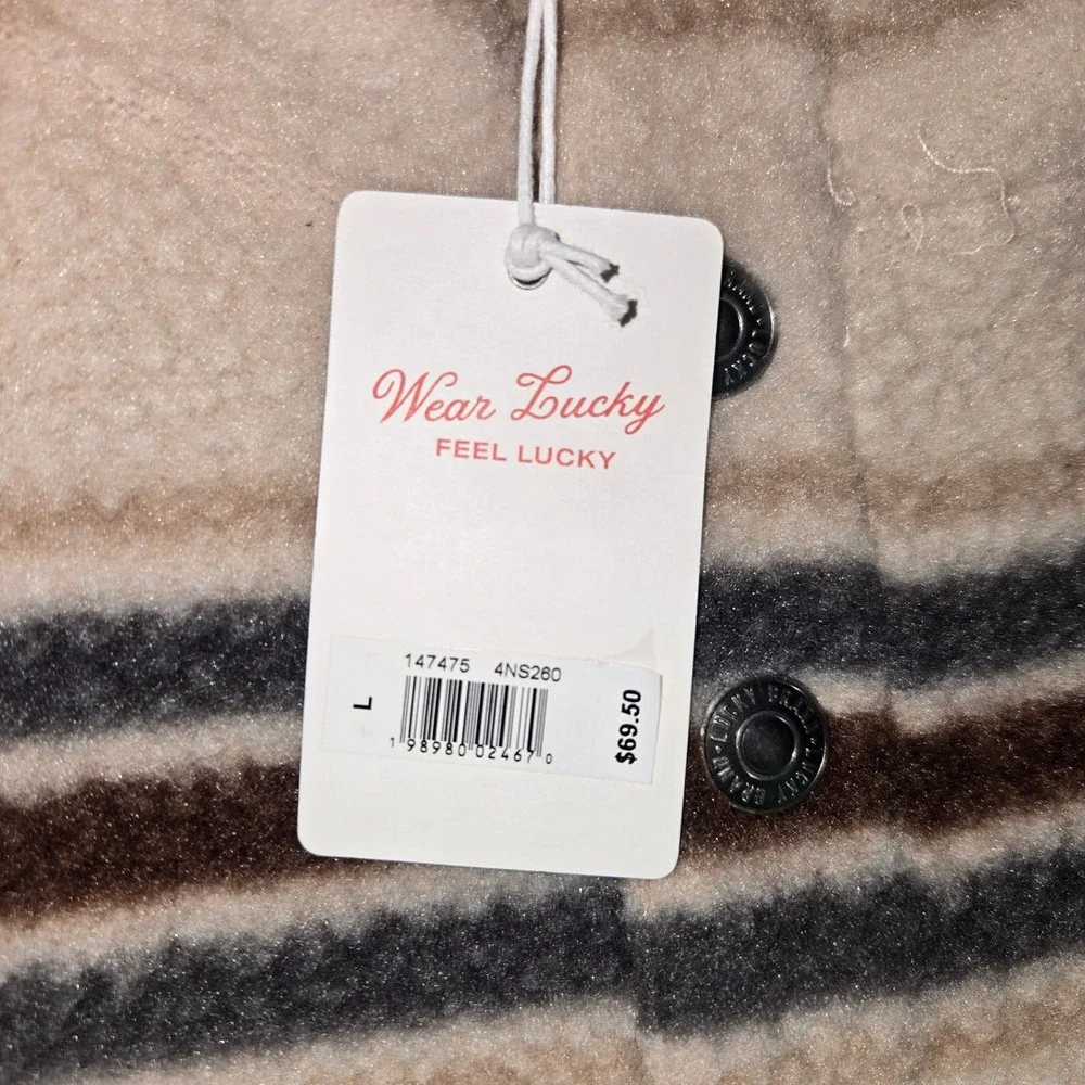 NEW Lucky Brand Striped Fleece Snap Mock Neck Pullover Beige Brown Mens Large
